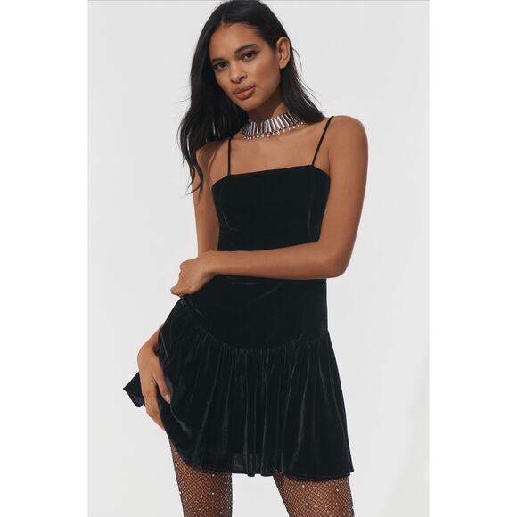 Anthropologie NWT Maeve Drop Waist Black Velvet Mini Dress Small - Picture 1 of 8